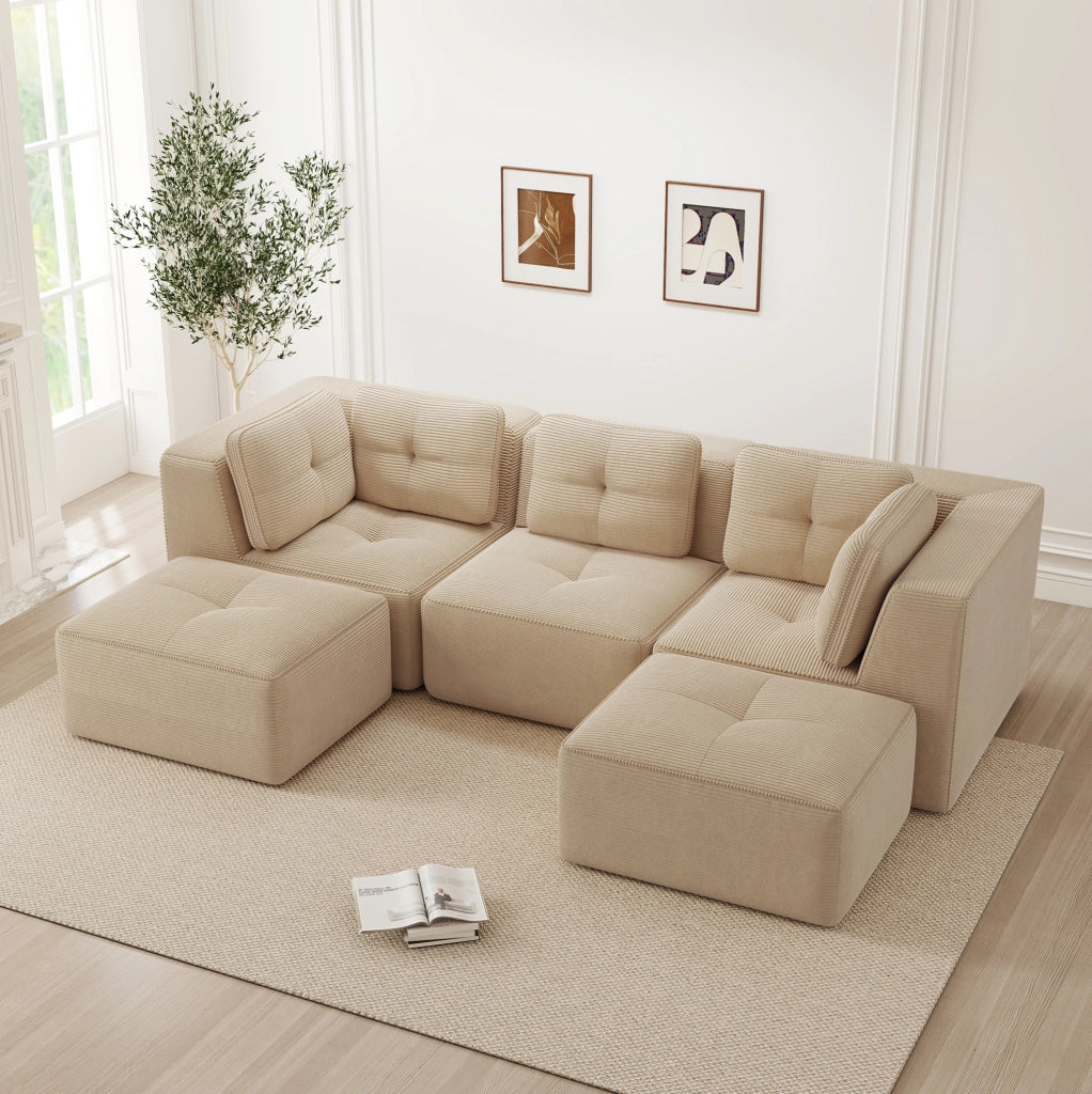 Divano angolare modulare in corduroy beige 297x177x69 cm con seduta profonda