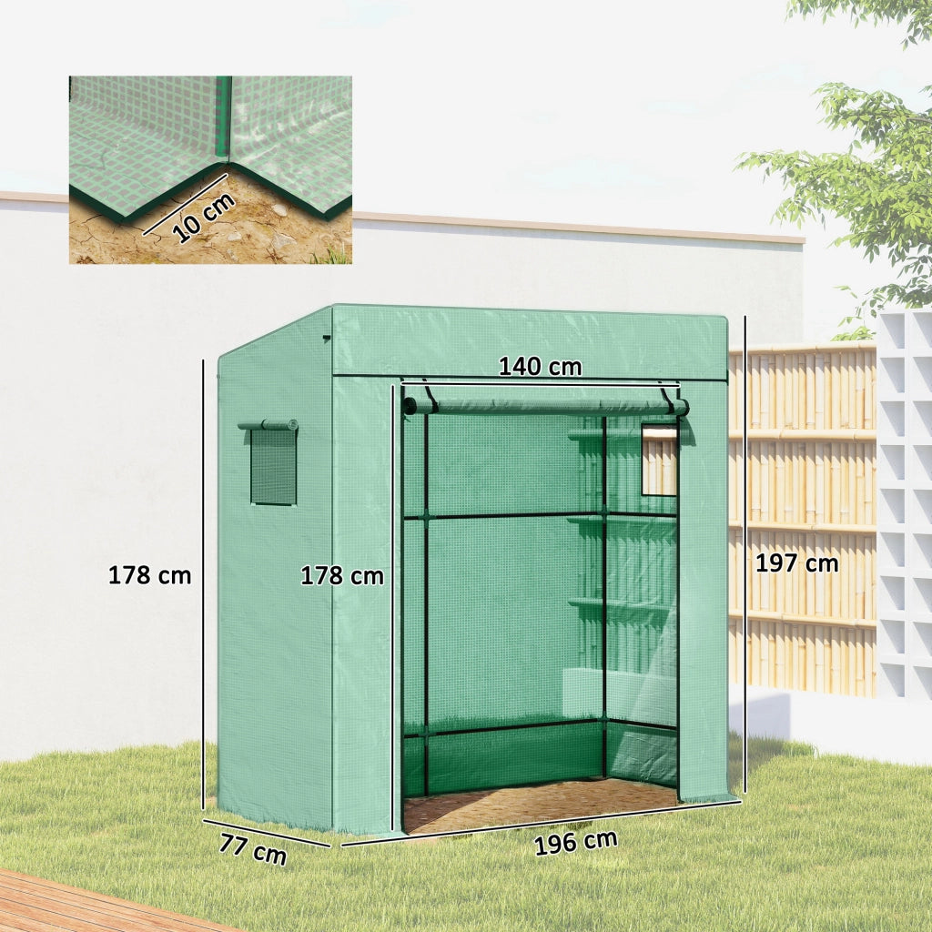 Serra per Piante con 2 Finestre Laterali a Rete e Ingresso Avvolgibile, in PE e Acciaio, 196x77x197 cm, Verde