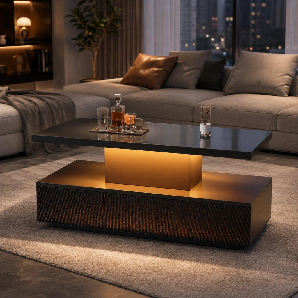 Tavolino da caffè 100x50x39 cm; LED dimmerabile con vano aperto e cassetto; truciolare nero
