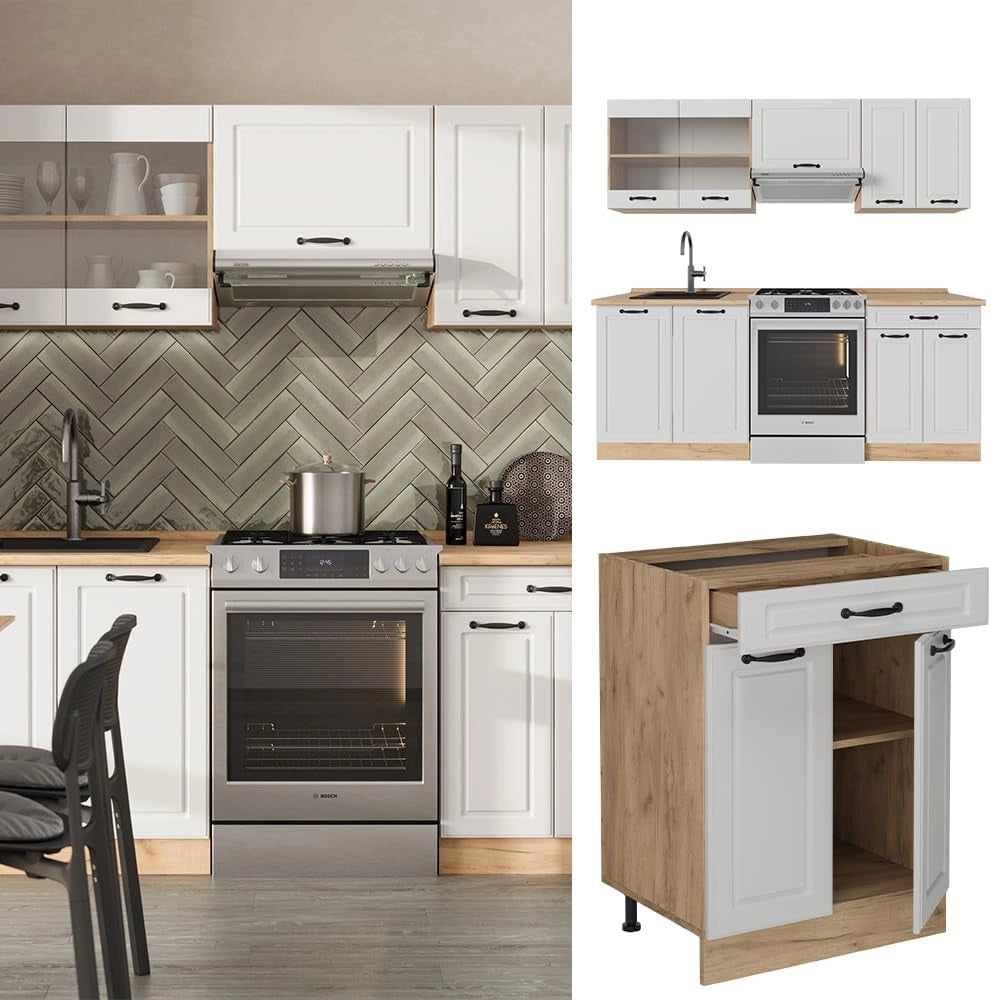 Cucina componibile R-Line, Casa di campagna bianca/quercia dorata, 200 cm, PL Antracite, adatto per l'espansione personalizzata tramite moduli aggiuntivi
