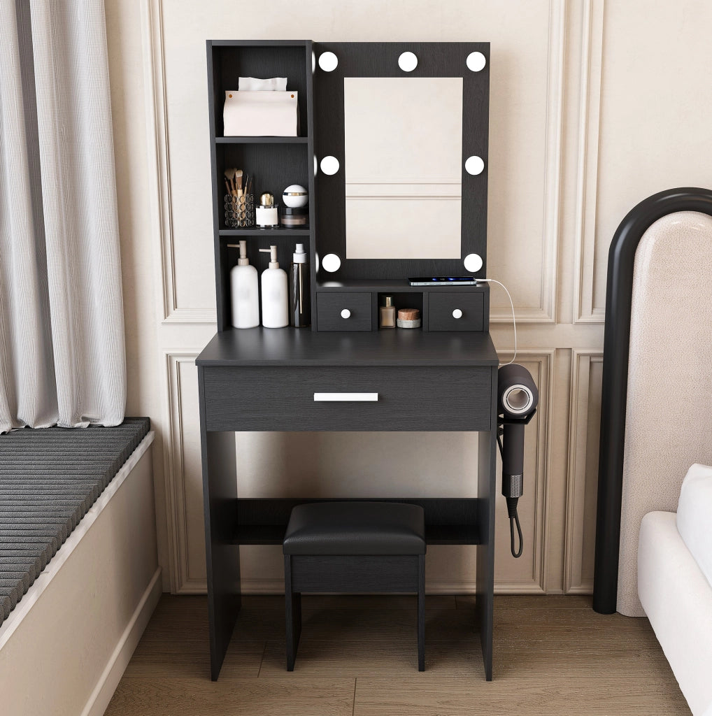 Toeletta con specchio LED a 3 modalità; presa integrata; supporto asciugacapelli; MDF nero