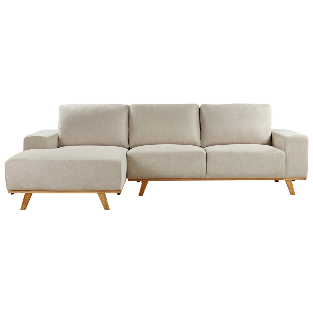 Divano angolare Beige Rivestimento in tessuto di poliestere Gambe in legno chiaro Schienale con cuscino Design moderno