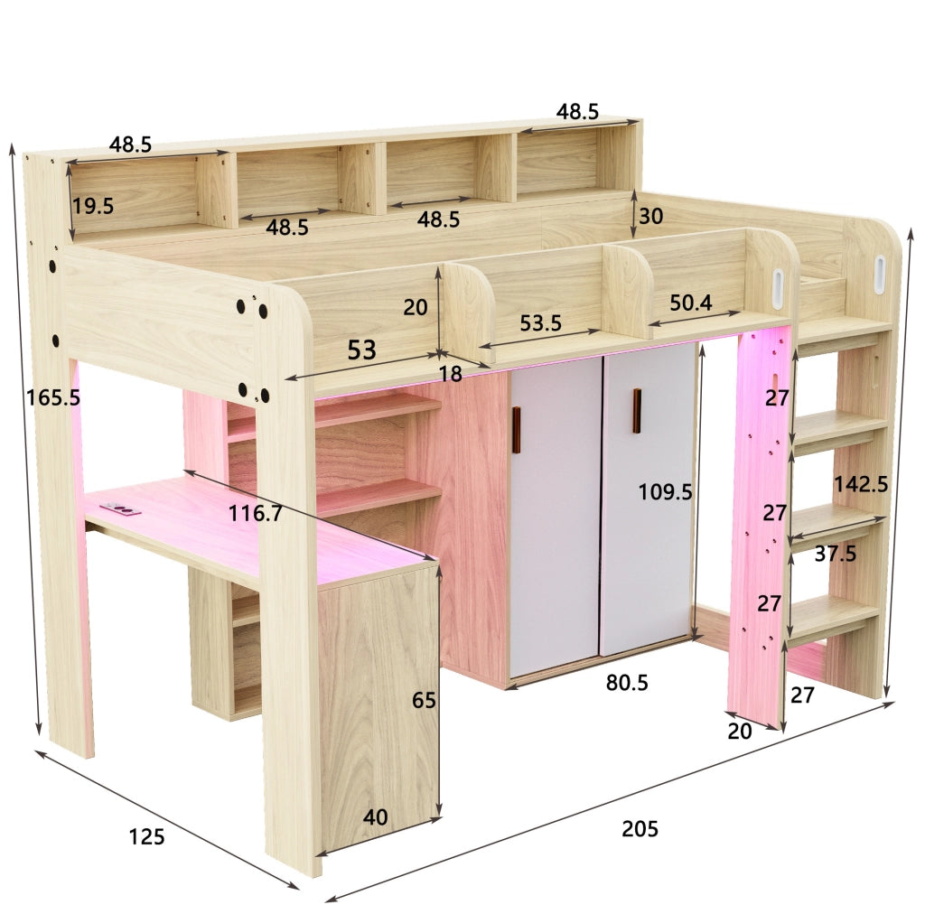 Letto a soppalco multifunzionale 90x200 cm in legno naturale con scrivania; armadio; LED e presa