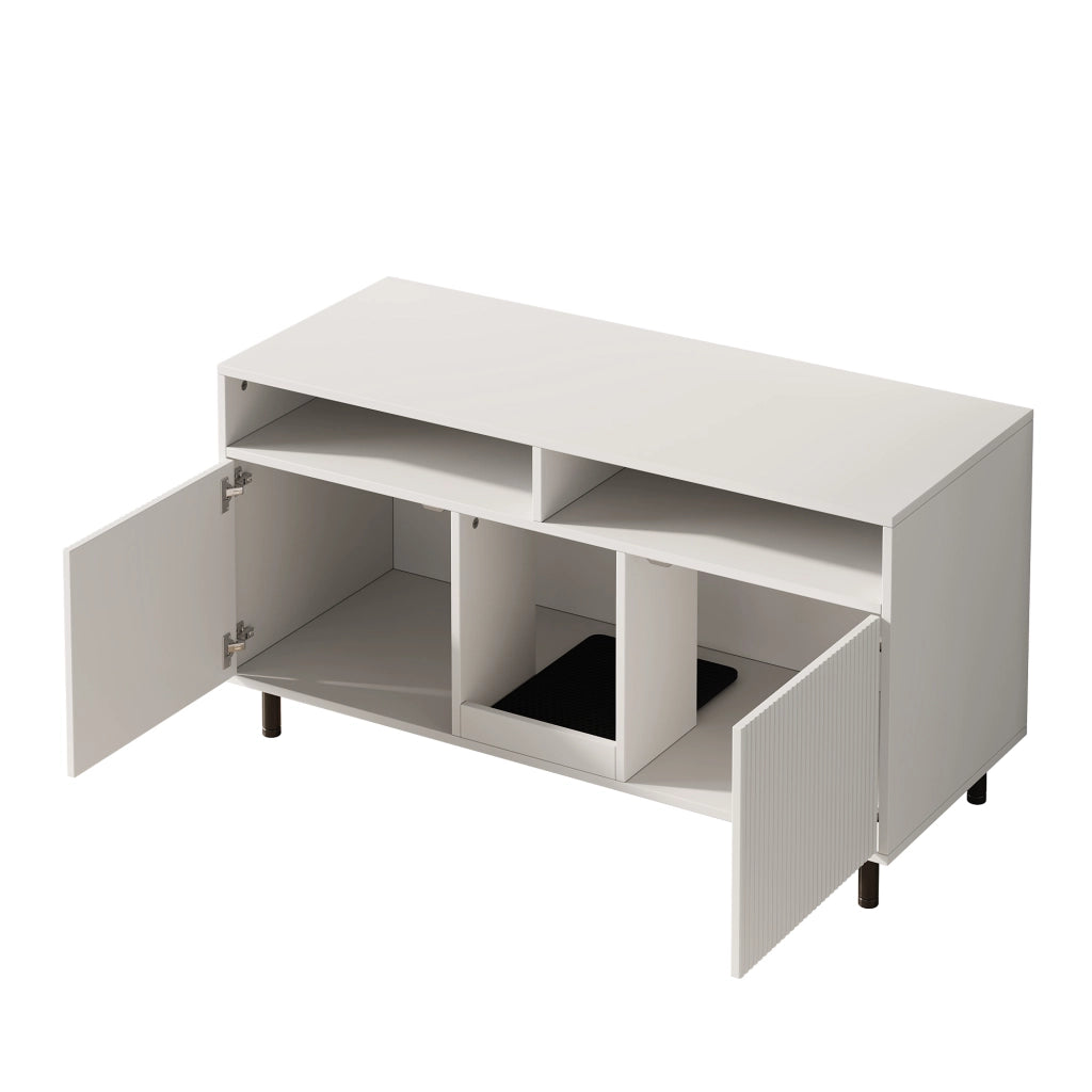 Mobile per lettiera per gatti con anta doppia, ripiani e tappetino raccogli-sabbia, 120x50x66 cm, bianco