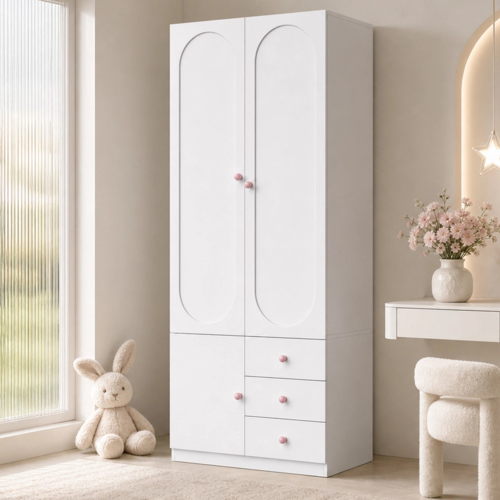 Armadio 80x50x200 cm con 2 ante e 3 cassetti in MDF bianco