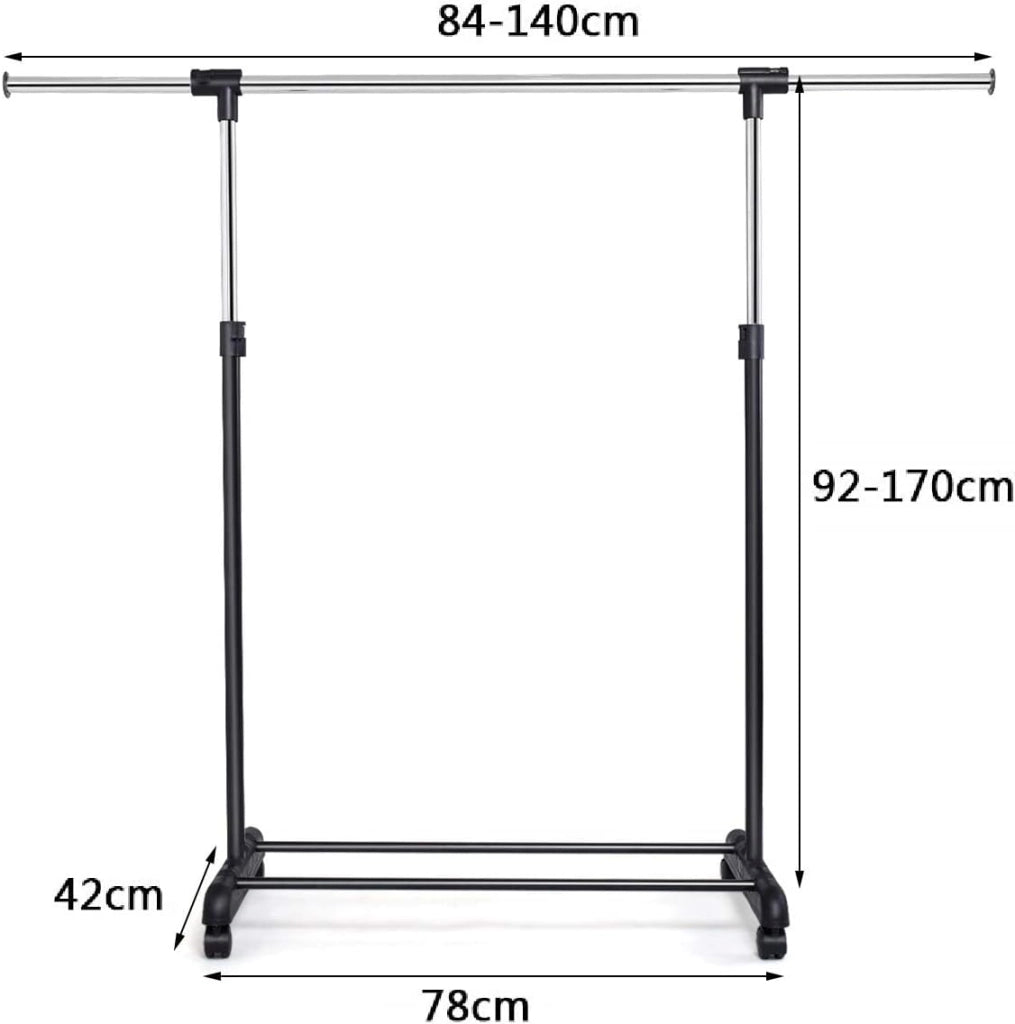 Stendibiancheria Regolabile con 2 Ripiani in Metallo e Portascarpe, per Camera da Letto, Bagno, Corridoio, 84x42x92-168 cm, Nero (Un tubo)