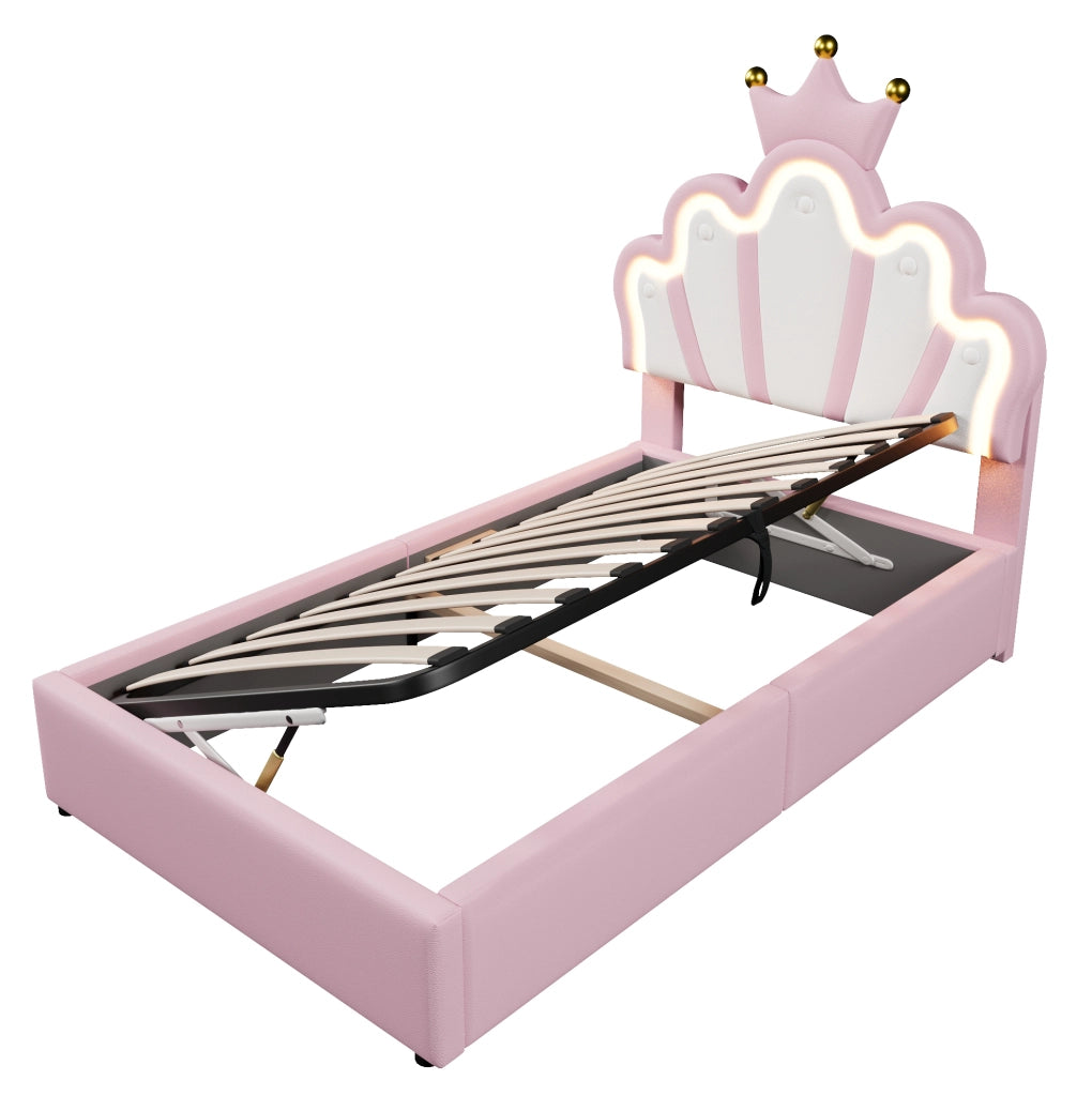 Letto imbottito 90x200 cm con contenitore; LED e testiera regolabile in PU rosa