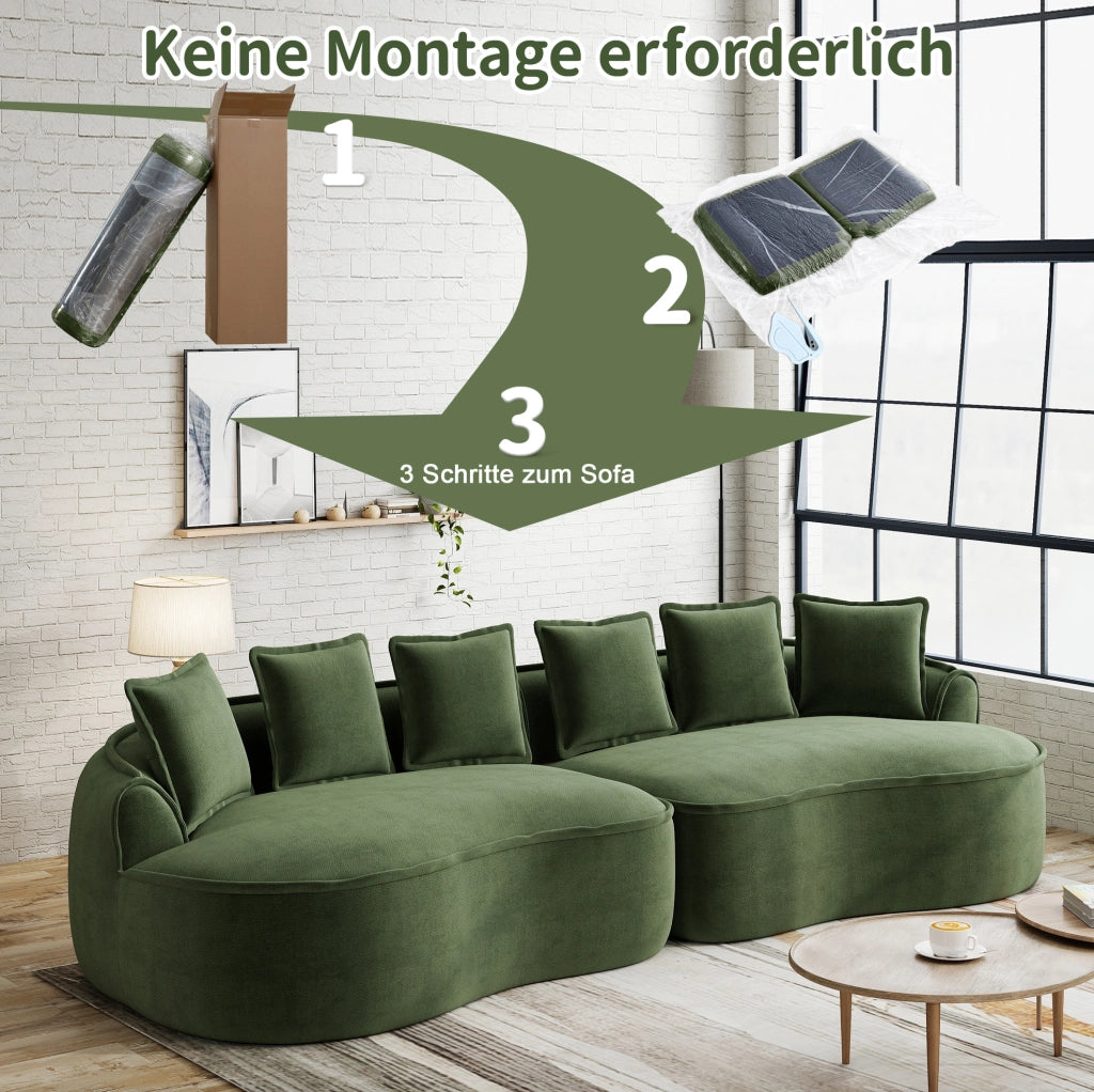 Divano modulare senza struttura in chenille verde 320x114x67 cm con seduta profonda e cuscini