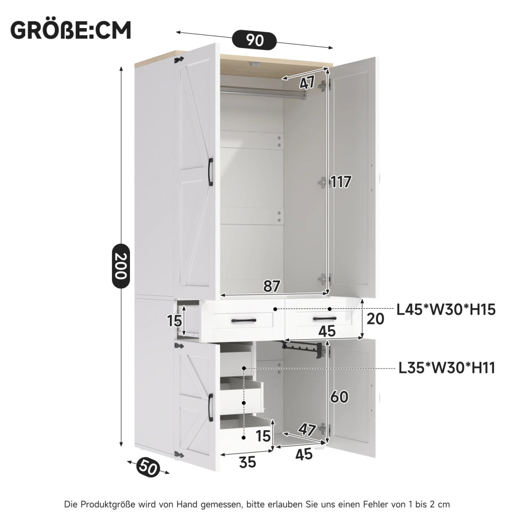 Armadio ULEVR 90x50x200 cm con 4 ante, 5 cassetti e 2 barre appendiabiti, MDF bianco stile rustico