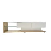 Mobile TV Moderno stile country con colori bianco lucido e legno, pannelli in vetro e illuminazione a LED, Bianco
