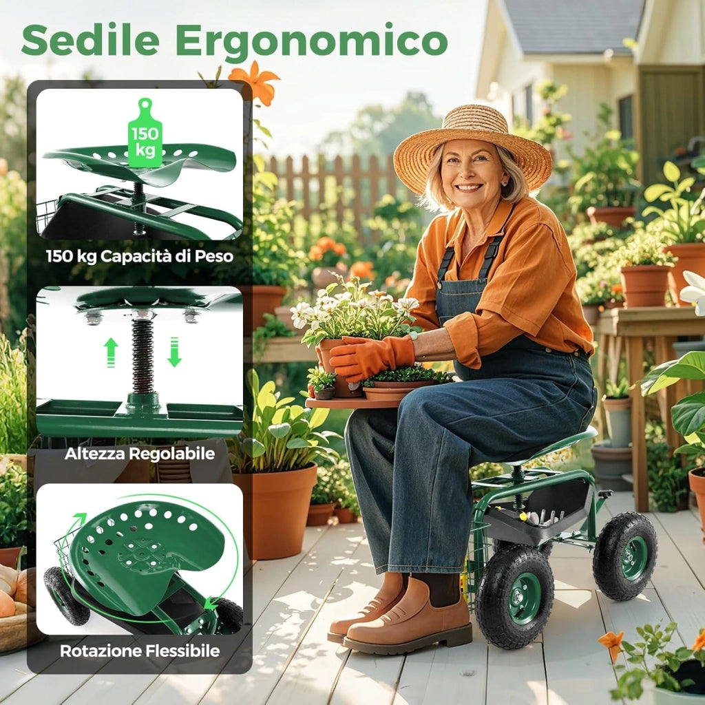 Sgabello per Giardinaggio con Ruote, Sedile da Giardino Regolabile in Altezza con Manico Estensibile, Cesto Portaoggetti, 2 Vassoi e 4 Ruote in Gomma (82,5 x 45,5 x 45,5-54,5 cm)