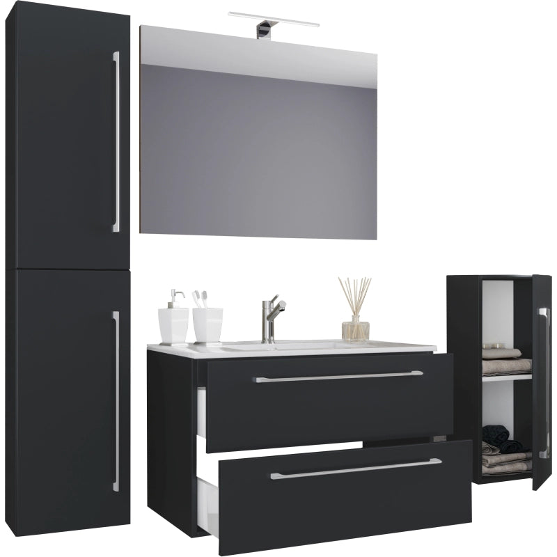 Completo Set bagno 5 pz Mobile sosp 2 casetti con Lavabo XL in ceramica incl 1 Colonna 1 mobile sosp e specchio, Nero