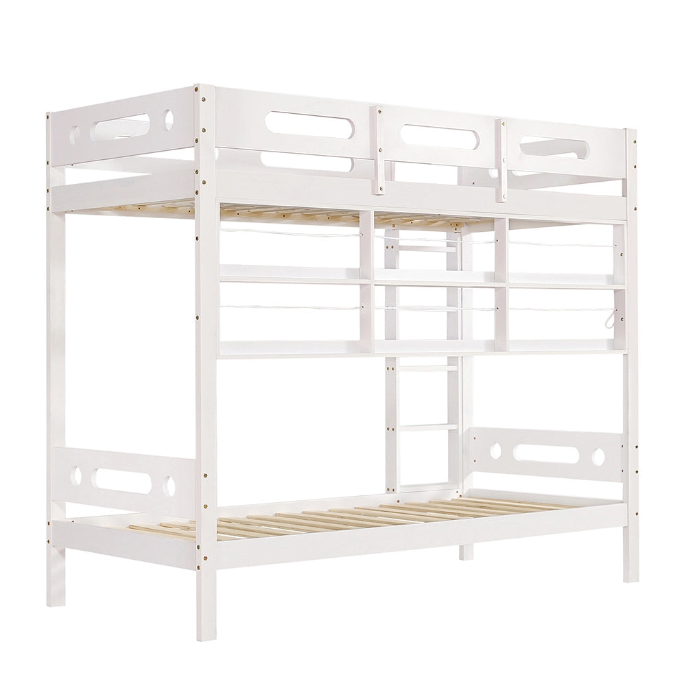 Letto a Castello Bambini – Xylo – 90x200cm, Barriera Sicurezza, Scaffale Aperto, Scala 5 Gradini, Grande Ripostiglio