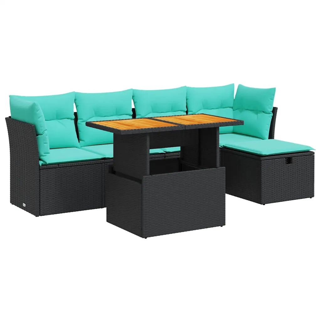 Set Divano da Giardino 6 pz con Cuscini Nero Polyrattan Acacia 3327967