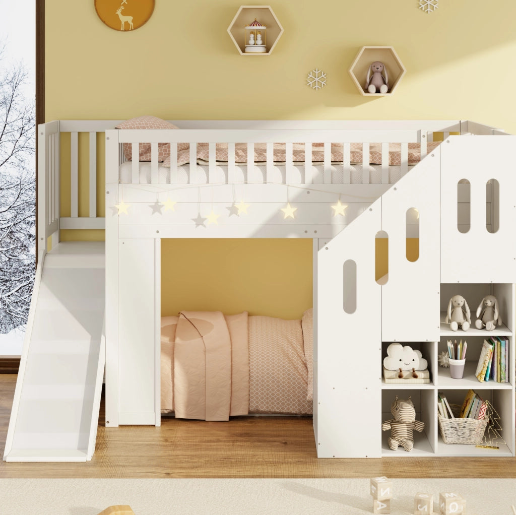 Letto a soppalco per bambini 90x200 cm con scivolo; scala contenitore e LED; in pino bianco