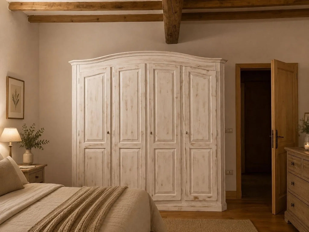 Armadio shabby 4 ante legno abete bianco anticato 231x63x219 - Mobili 2G