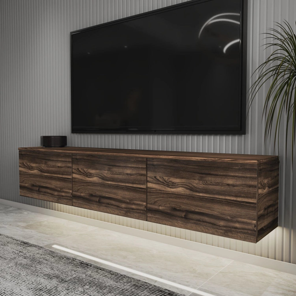 Porta TV sospeso in legno "Neon" con illuminazione a LED - 160 x 32 x 35 cm - Marrone