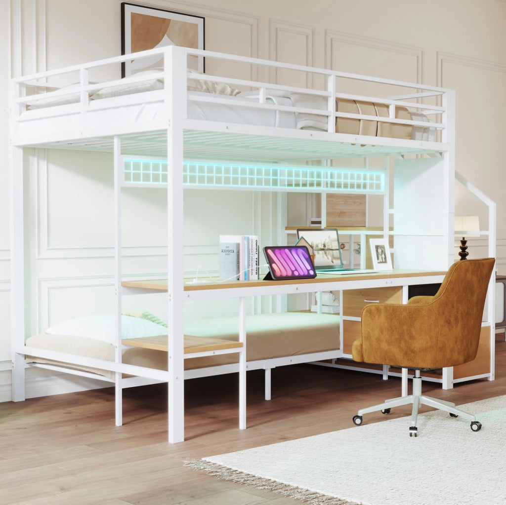 Letto a soppalco 140x200 cm con letto inferiore 90x200 cm; scrivania LED e prese; bianco