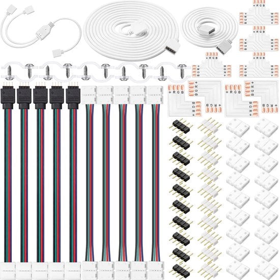 Set di connettori per LED-strip a 4 pinne RGB 10 mm, cavo di estensione RGB, connettore per LED-strip, diviso RGB a doppia direzione, forma L, forma T, connessione liscia, connettore a 4 pinne maschio con clip.