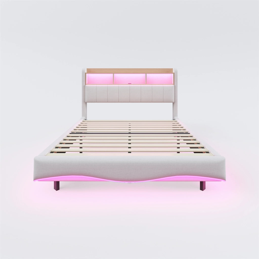 OKWISH Letto Contenitore 160×200 cm, Letto Matrimoniale con LED Regolabile, USB, Tipo C e Vano Testiera, senza Materasso, Beige