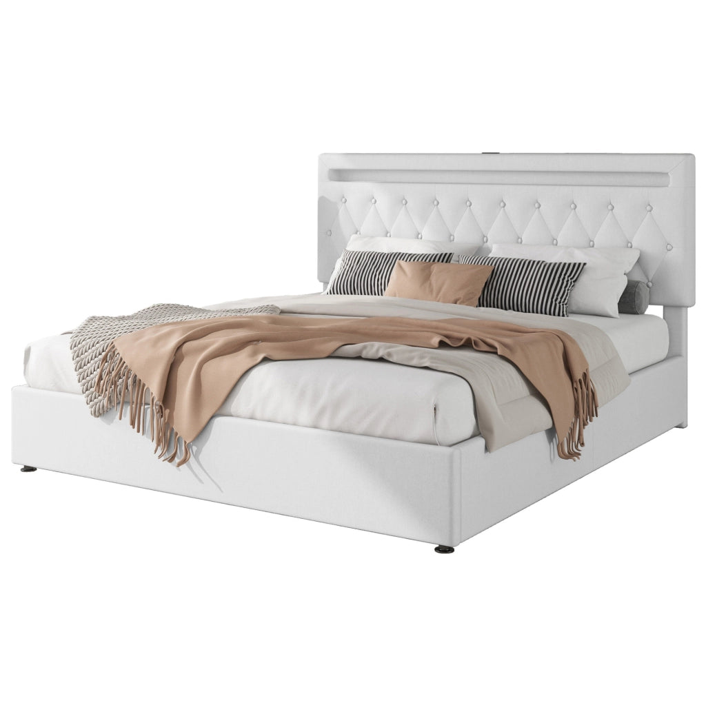 Letto imbottito 180 x 200 cm con sollevamento idraulico e luce LED