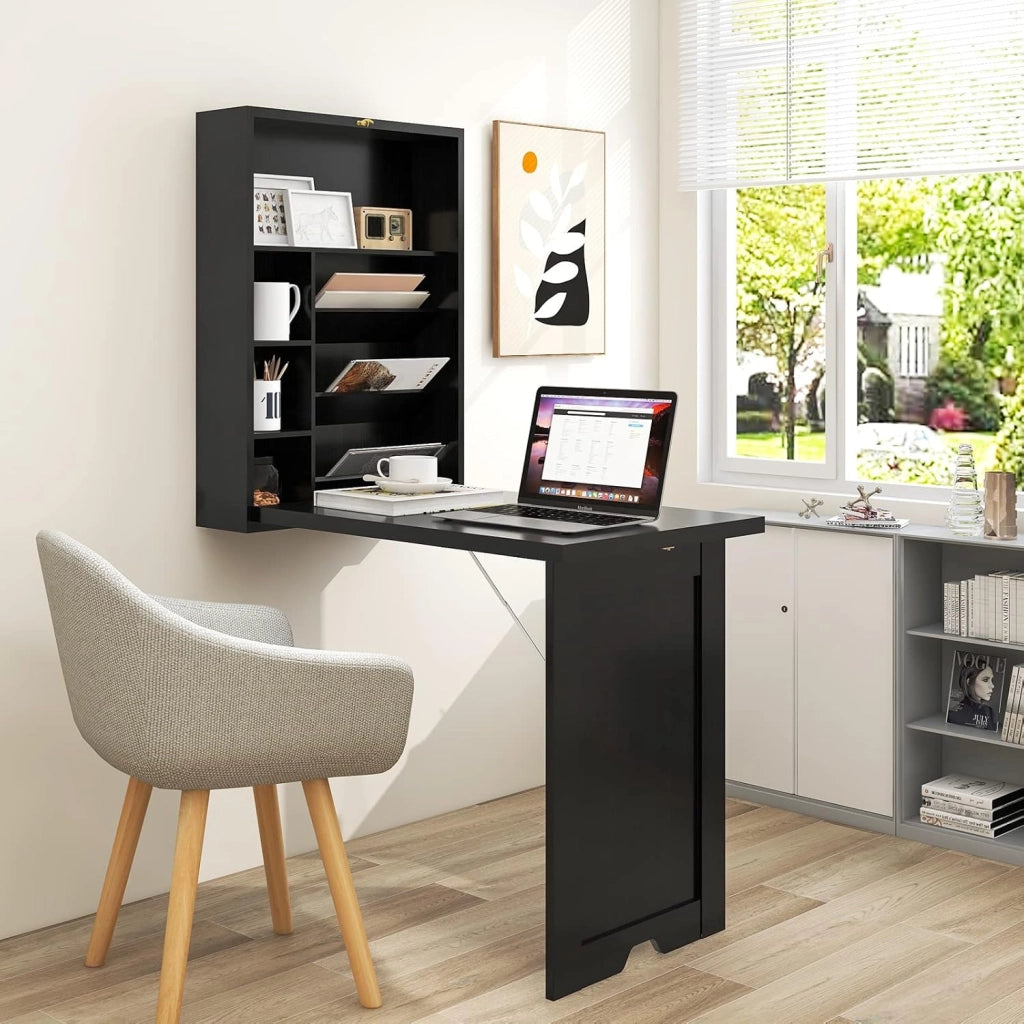 Scrivania da Parete in Legno con 7 Scomparti, Pieghevole, Scrivania per Computer, Studio, Cucina, Soggiorno, 2 Colori