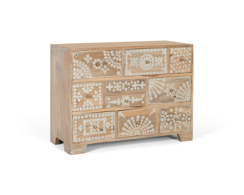 Cassettiera con dieci cassetti realizzata in legno di mango