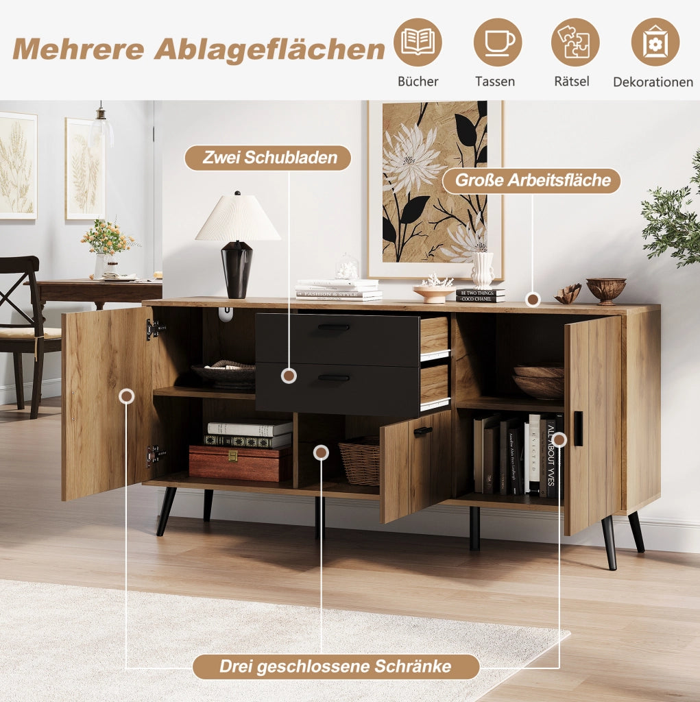 Credenza Sideboard con 2 Cassetti, 3 Ante e Piano Ampio, 140 x 35 x 67 cm