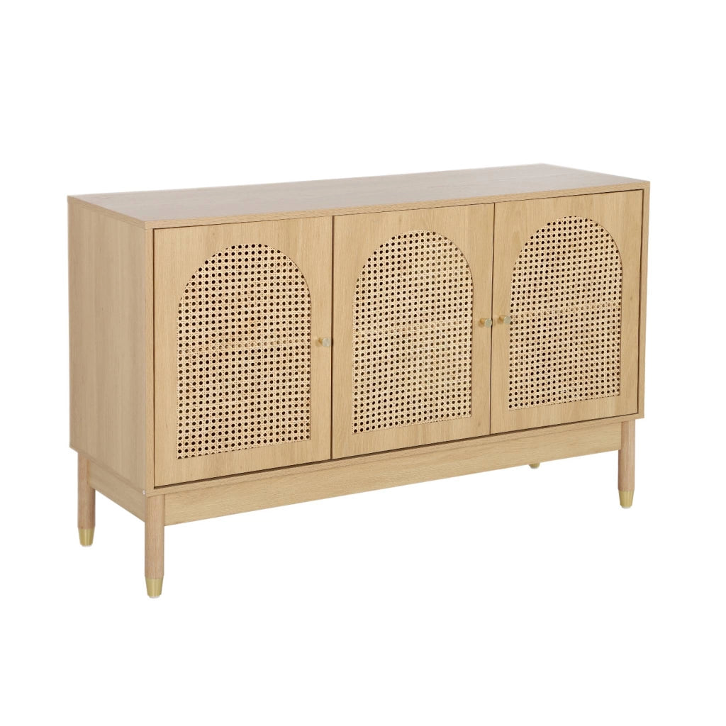 Credenza decorazione legno e canna 3 ante 120cm, marrone naturale