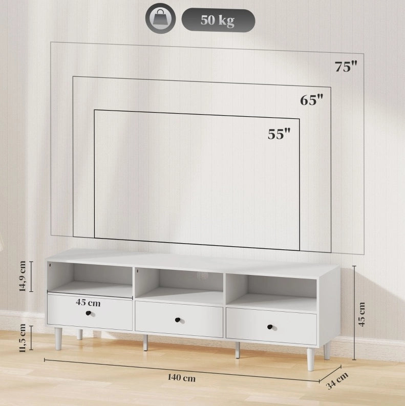 Mobile TV bianco 140 cm con 3 cassetti, vani aperti e passacavi
