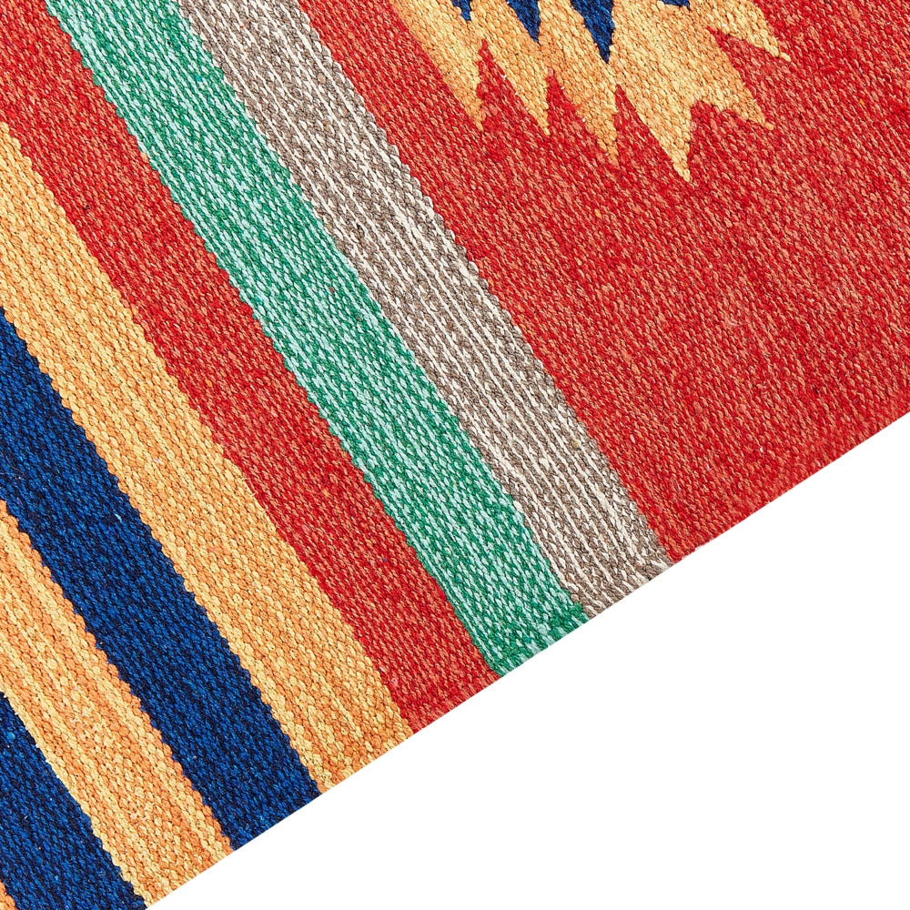 Tappeto Kilim multicolore in cotone 80 x 300 cm tessuto a mano a trama piatta reversibile con motivi geometrici e frange, tradizionale Boho, per il soggiorno e la camera da letto.