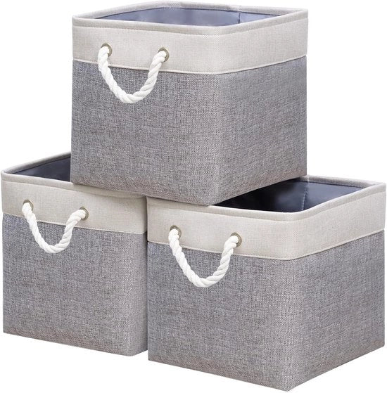 Set di contenitori di archiviazione - Opvouwbaar - 3 pezzi - Bianco/Grigio - Stoffa - 28x28x28cm