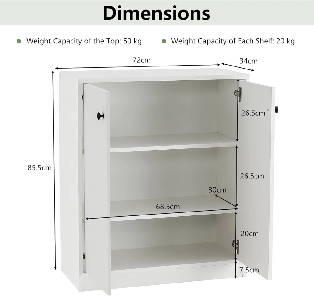 Credenza da Cucina con 2 Ante, Mobile Buffet Basso con Dispositivi Antiribaltamento, Armadio Dispensa per Soggiorno, Sala da Pranzo, Camera da Letto, Ingresso, 72 x 34 x 85,5 cm (Bianco)