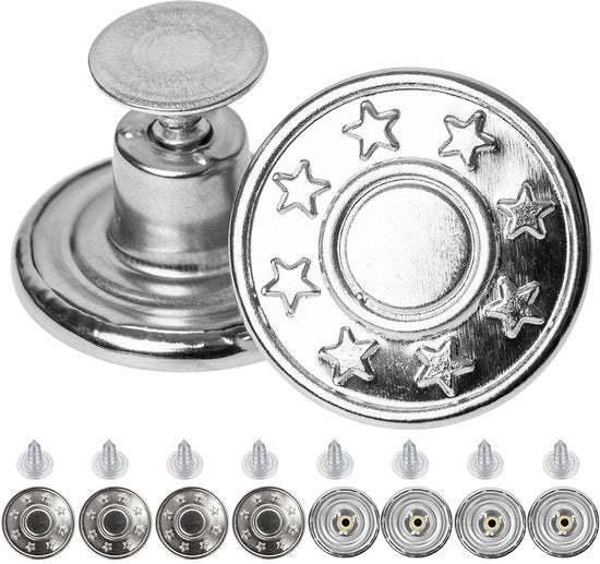 Viti di sostituzione per jeans, 8 pezzi, Ø 17 mm, viti in ottone, color argento, viti per jeans con viti a chiodo, viti per jeans per serrare, viti metalliche per jeans, allargamento dei pantaloni, viti robuste per jeans