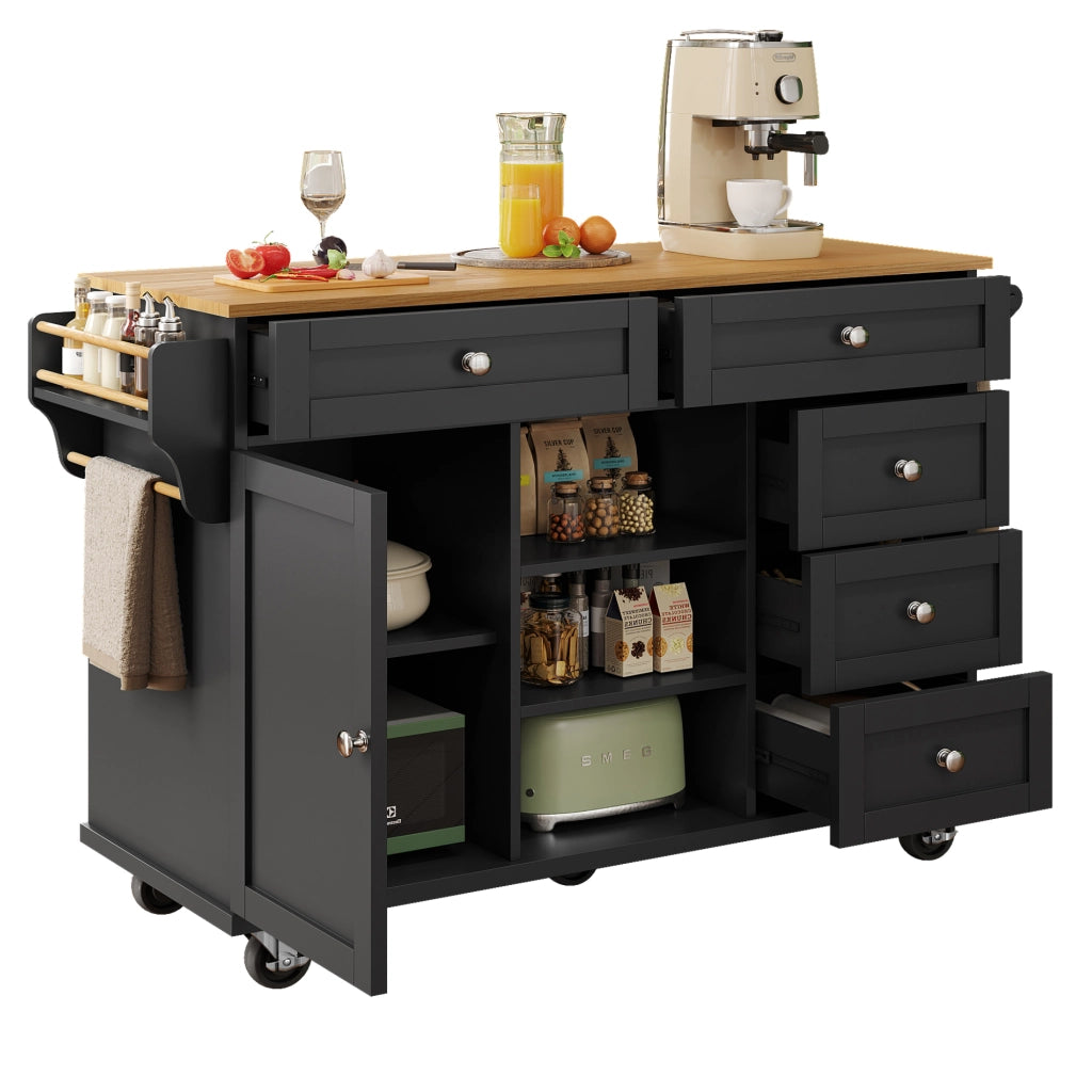 OKWISH Carrello da cucina con 5 cassetti, 1 armadietto, 2 vani, ripiano regolabile e ruote, per cucina, 134×46×92 cm