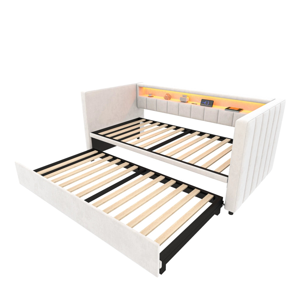 Divano letto 90x190 cm estraibile con LED e USB in velluto beige