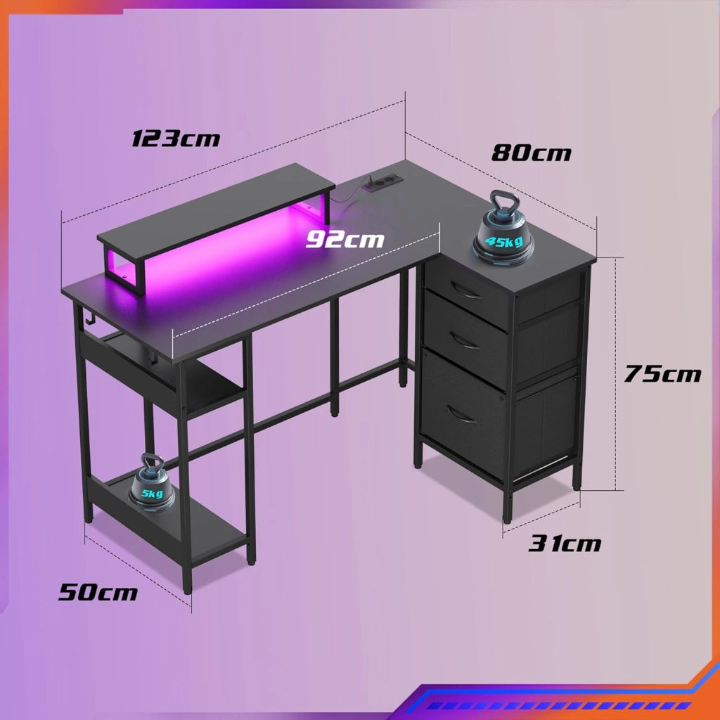 Scrivania angolare L ¨C zephmum ¨C 123x80 cm, nero, con cassetti, USB e supporto monitor