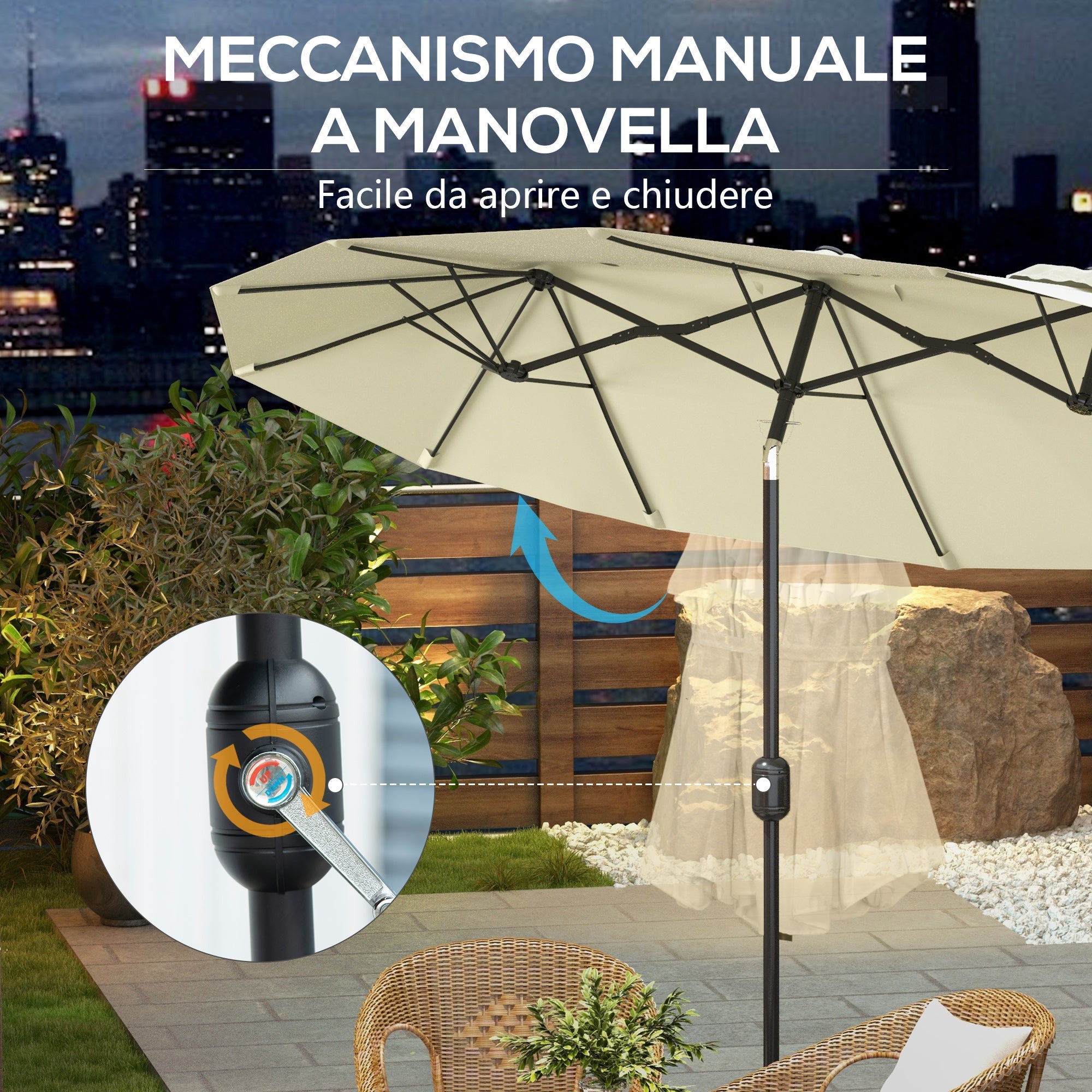 Ombrellone da Giardino 295x152x222 cm Copertura Doppia Inclinabile con Apertura a Manovella Beige