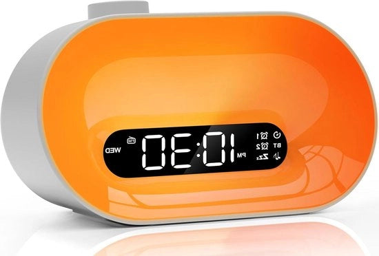 Lampada da notte con altoparlanti Bluetooth e illuminazione - radio FM, 2 allarmi, pause, 8 suoni di allarme, 10 suoni rilassanti, lampada da serra, 16 colori di illuminazione