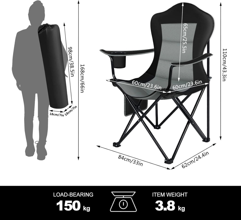 Set 2 Sedie da Campeggio Pieghevoli Ultra Leggere, Max Portata 150 kg, Portatili per Esterno, Picnic, Pesca, Spiaggia - Nero+Grigio Scuro