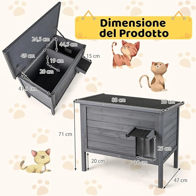 Cuccia Gatto Esterno Inverno 88 x 55 x 71 cm, Casetta Gatti Calda in Legno con Isolamento in Schiuma, Tetto Apribile in Asphalt e Porta, Rifugio termica per Gatti Multipli (Grigio)