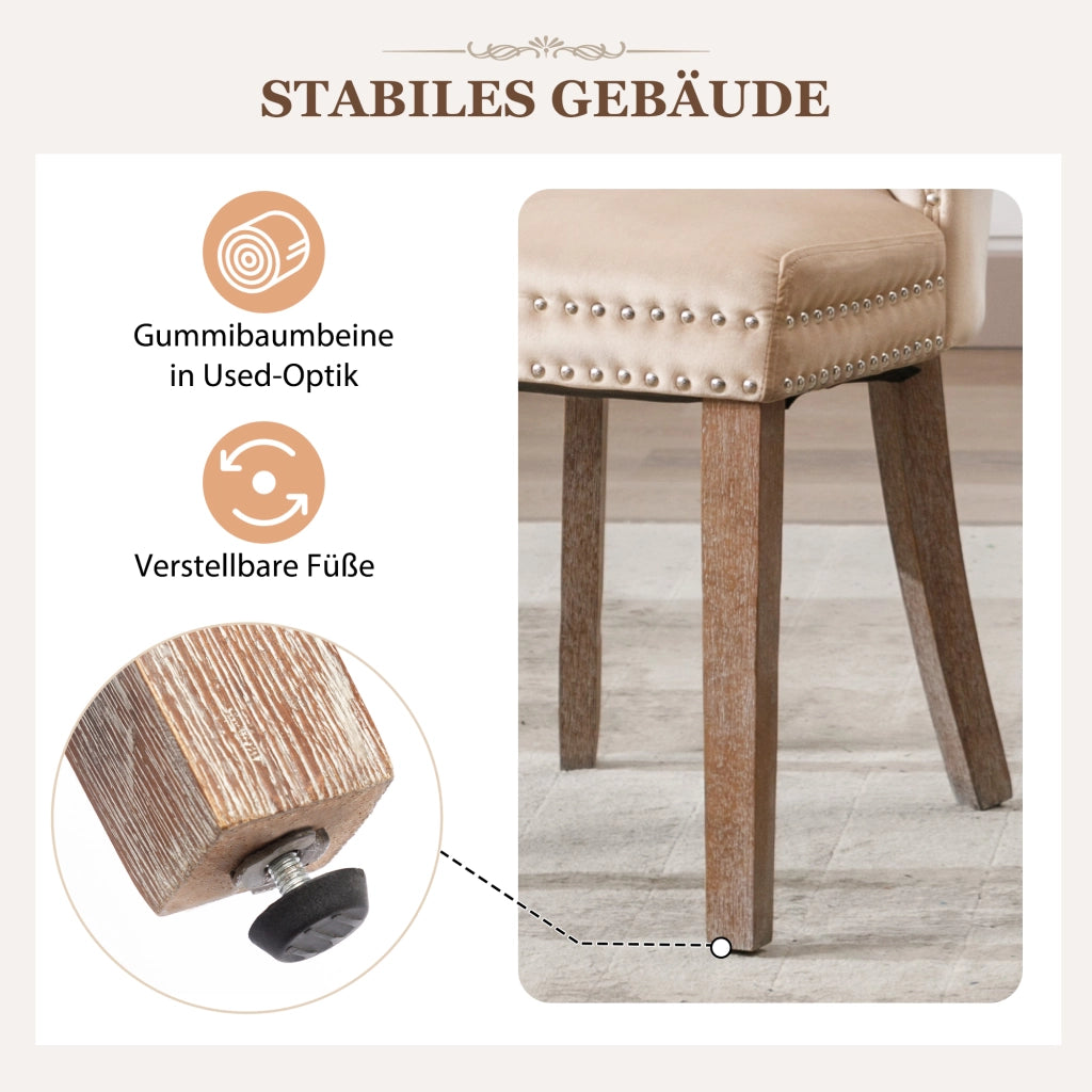 Sedia imbottita in velluto beige con borchie, anello posteriore e gambe regolabili