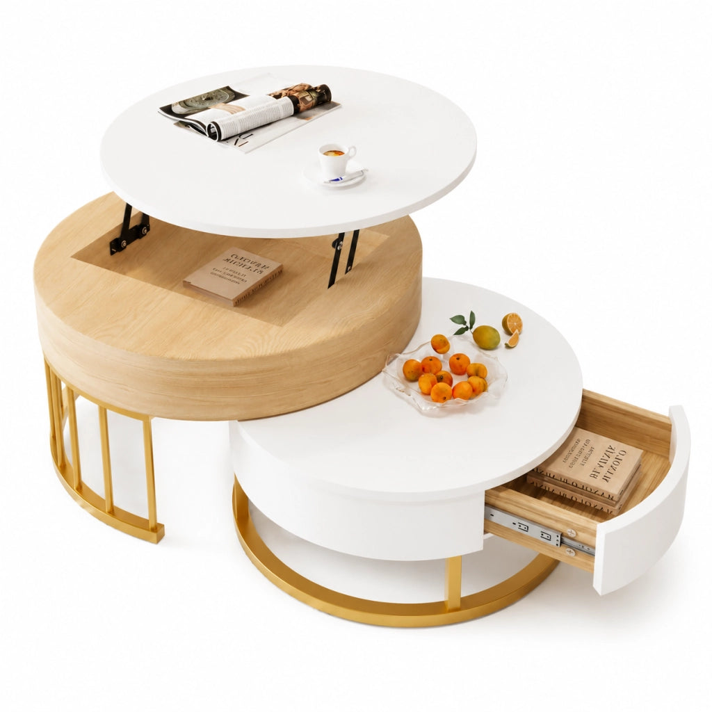 Tavolino da salotto 70x70x56 cm; 60x60x27 cm; piano sollevabile con cassetto; MDF; bianco