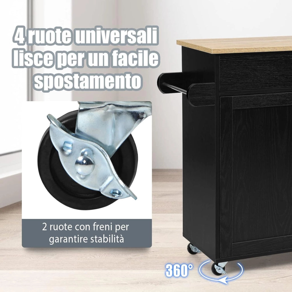 Carrello da Cucina con Ruote di Gomma, Scaffale per Microonde Carrello Servizio, Mobile Cucina con Ripiani e Ante, Credenza Cucina Legno Moderno Elegante, 116 x 37 x 85 cm (Nero)
