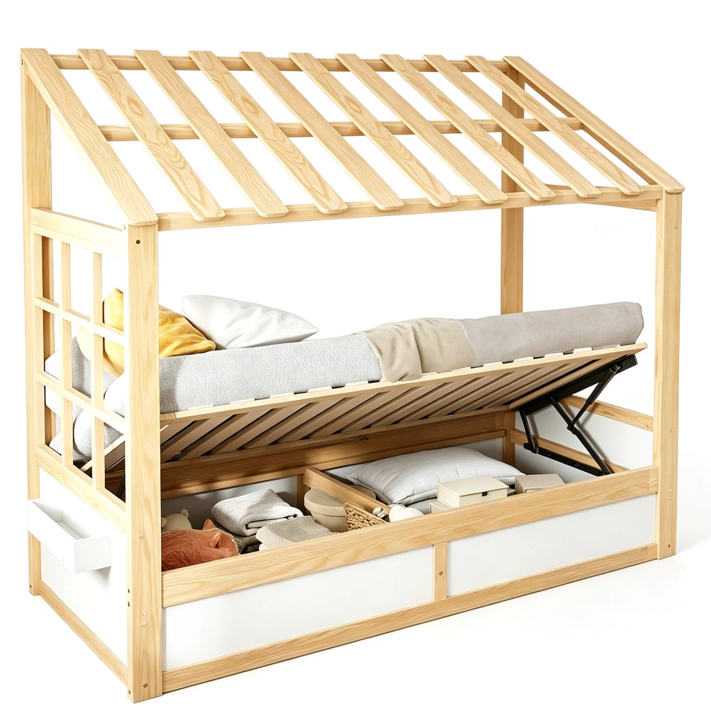 LETTO Bambini 90 x 200 cm in legno bianco e naturale con tetto, finestre e contenitore idraulico