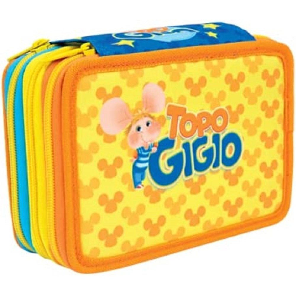 Trade Shop - Astuccio Triplo Multicolore Topo Gigio 3 Scomparti Zip Scuola Portapastelli -