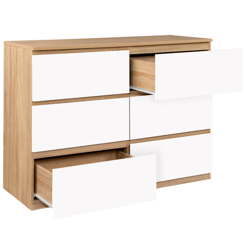 IDMarket - TOMI 110 cm cassettiera a 6 cassetti effetto faggio e bianco