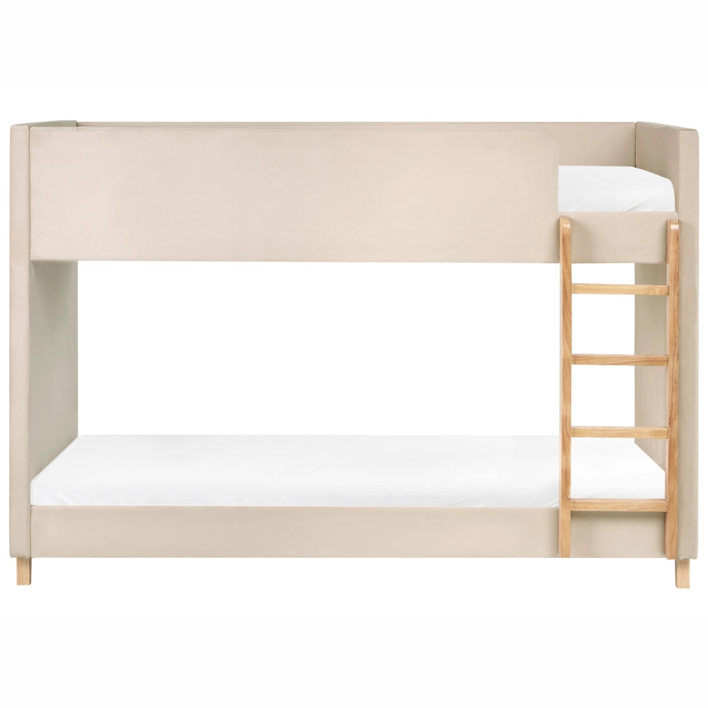 Letto a castello 3 piedi per bambini alto imbottito in velluto e scaletta in in legno di pioppo beige chiaro 90x200 cm cameretta