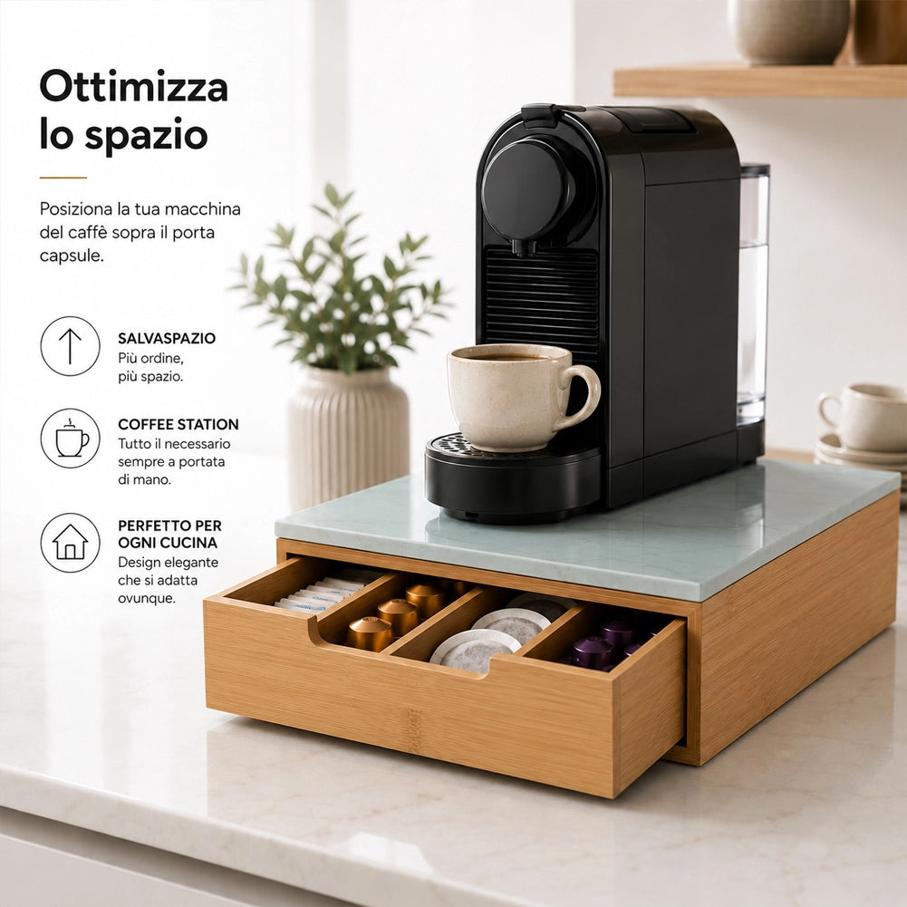 Portacapsule Piano Vetro Effetto Marmo Sky White Portacialde Organizer 31.5x10cm