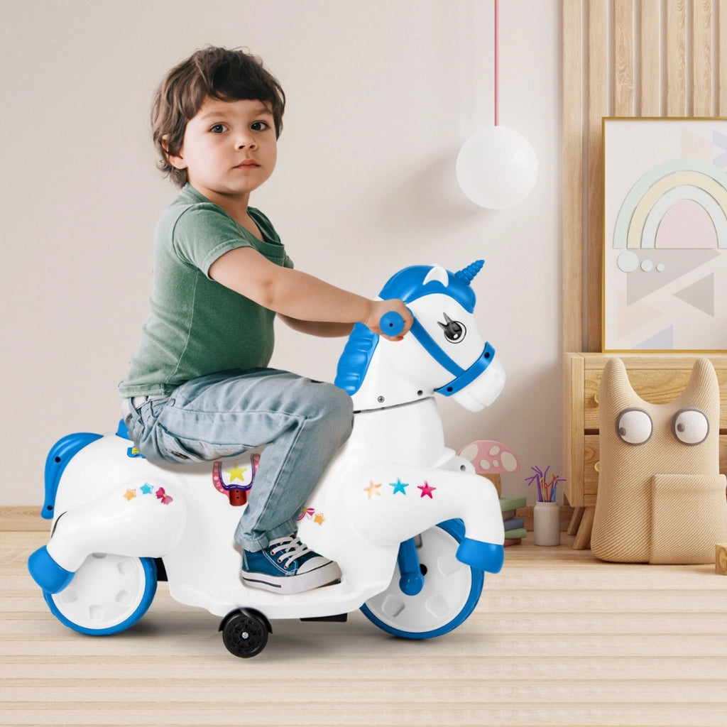 Giocattolo unicorn a cavallo 12V con ruote di addestramento modalit¨¤ di equitazione, Cavallo a batterie per bambini Blu
